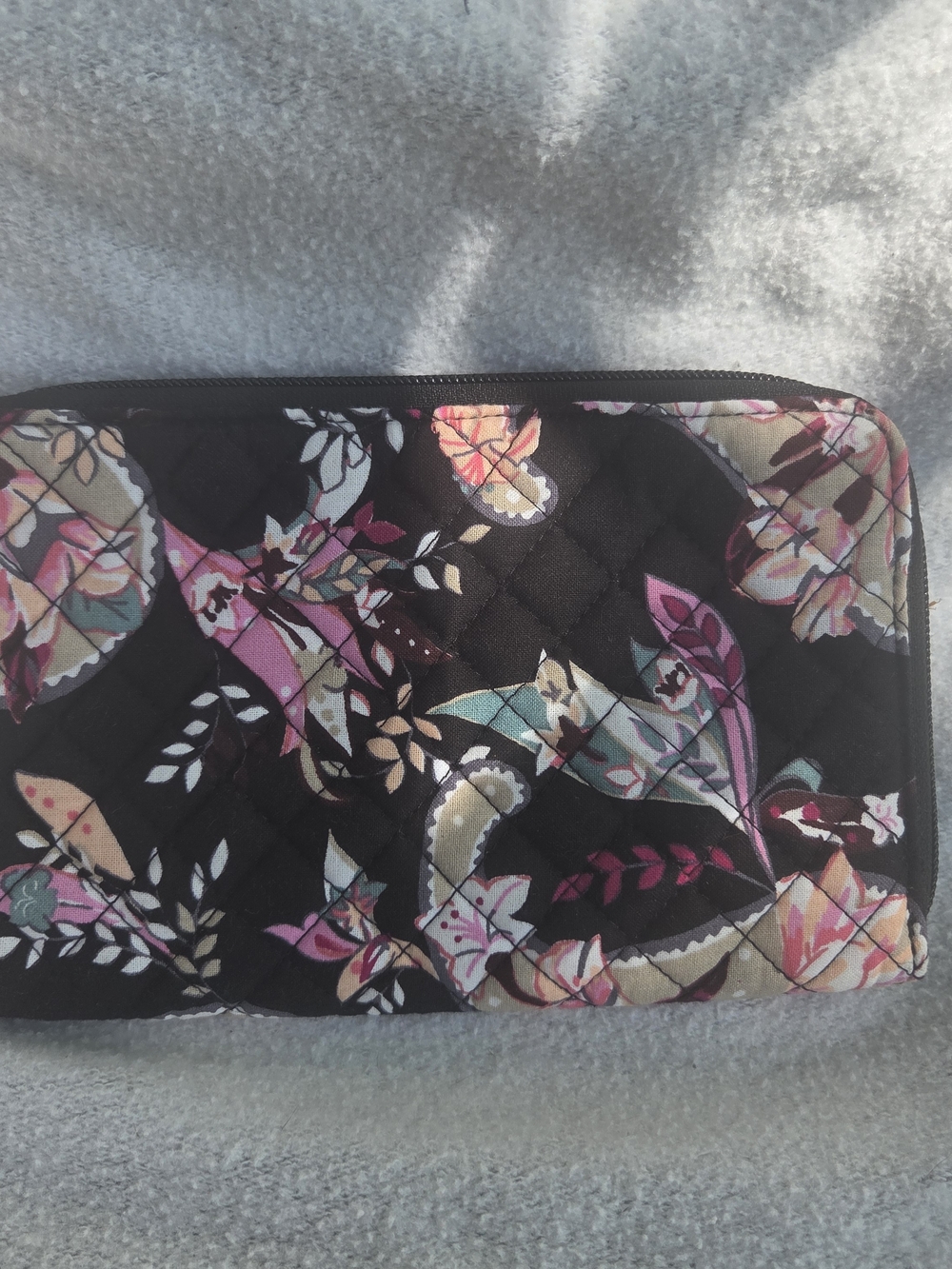 Vera Bradley Quilted Zip Wallet in Black with Pink, Cream & Teal Floral